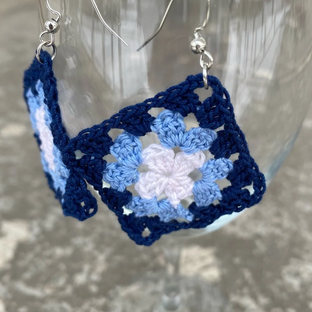 Blue Crochet Granny Square Earrings - Picture 3 of 7